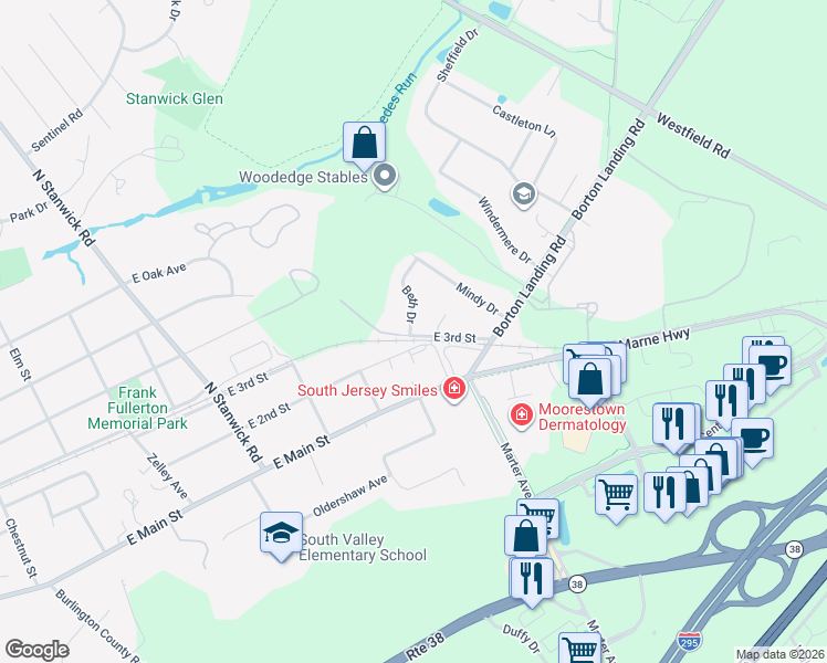 map of restaurants, bars, coffee shops, grocery stores, and more near 619 East 3rd Street in Moorestown