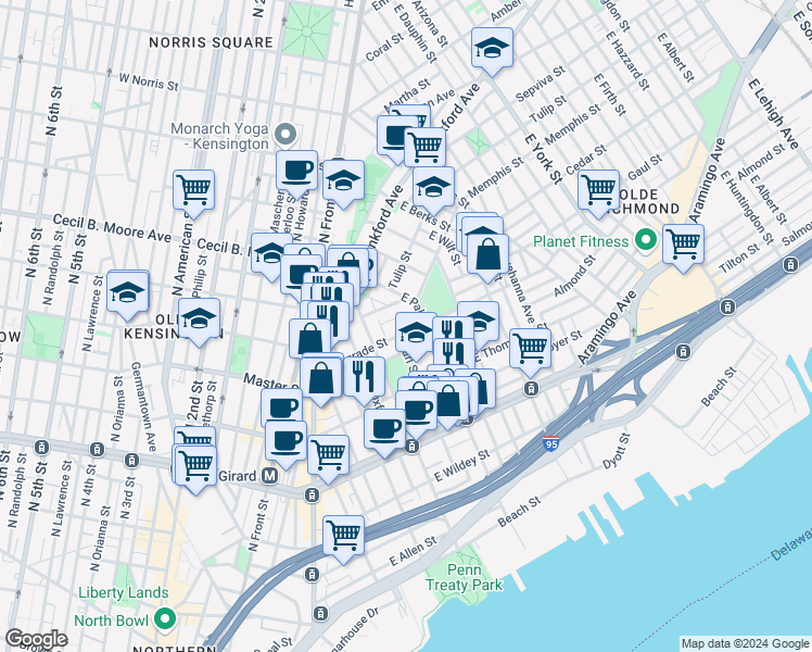 map of restaurants, bars, coffee shops, grocery stores, and more near 437 Belgrade Street in Philadelphia