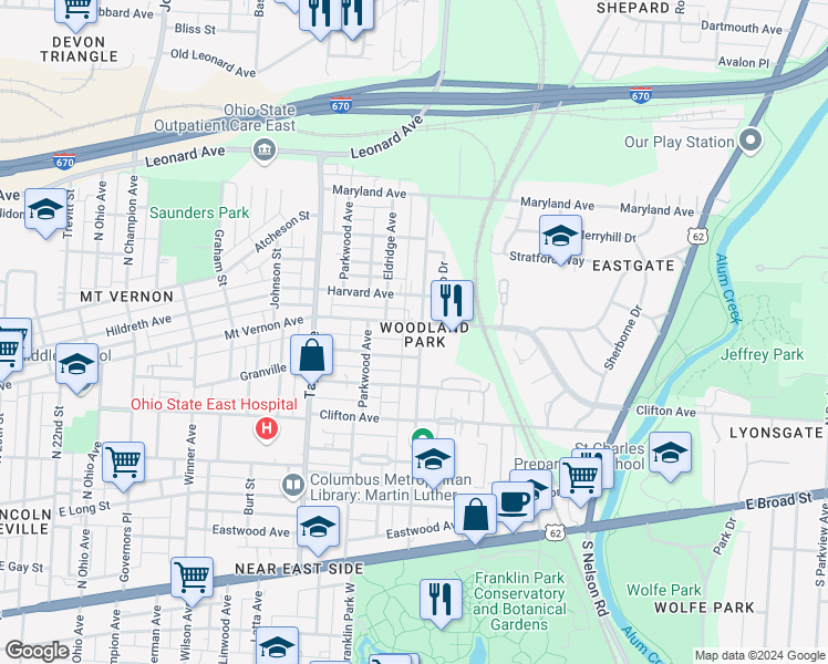 map of restaurants, bars, coffee shops, grocery stores, and more near 305 Woodland Avenue in Columbus