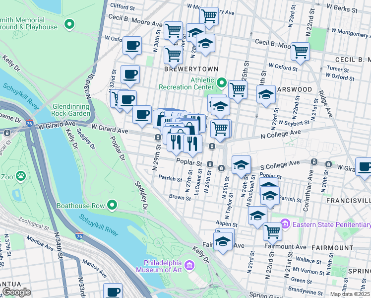 map of restaurants, bars, coffee shops, grocery stores, and more near 2728 West Harper Street in Philadelphia