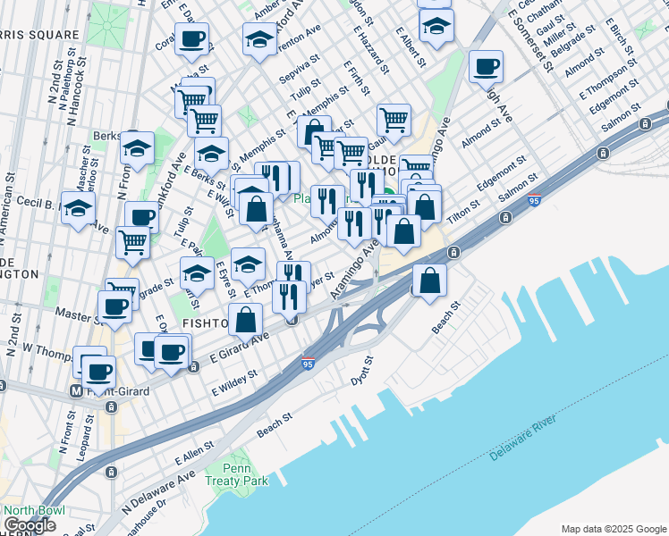 map of restaurants, bars, coffee shops, grocery stores, and more near 847 Moyer Street in Philadelphia