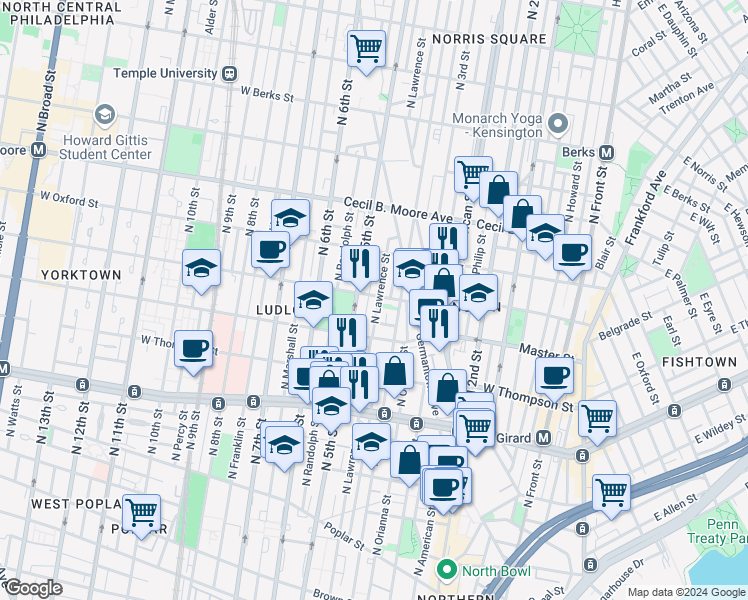 map of restaurants, bars, coffee shops, grocery stores, and more near 1452 North Lawrence Street in Philadelphia