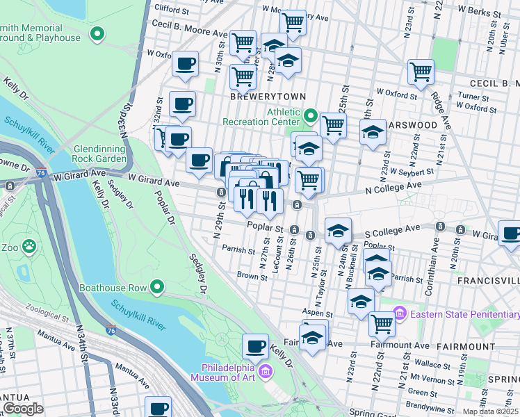 map of restaurants, bars, coffee shops, grocery stores, and more near 2728 West Harper Street in Philadelphia