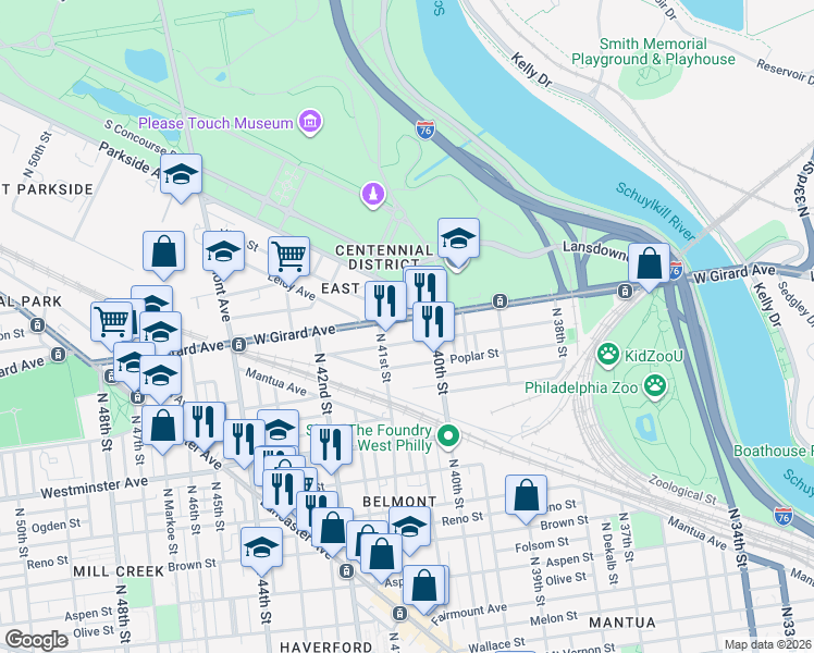 map of restaurants, bars, coffee shops, grocery stores, and more near 4053 Cambridge Street in Philadelphia