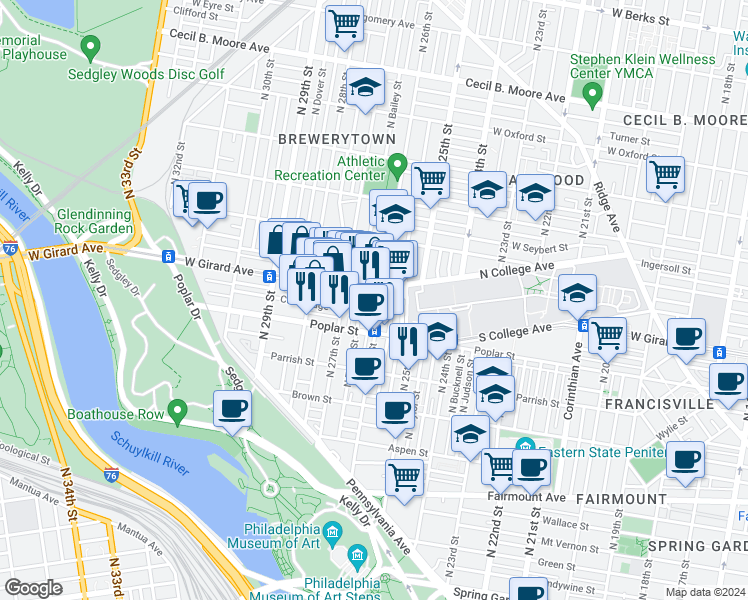 map of restaurants, bars, coffee shops, grocery stores, and more near 2606 West Girard Avenue in Philadelphia