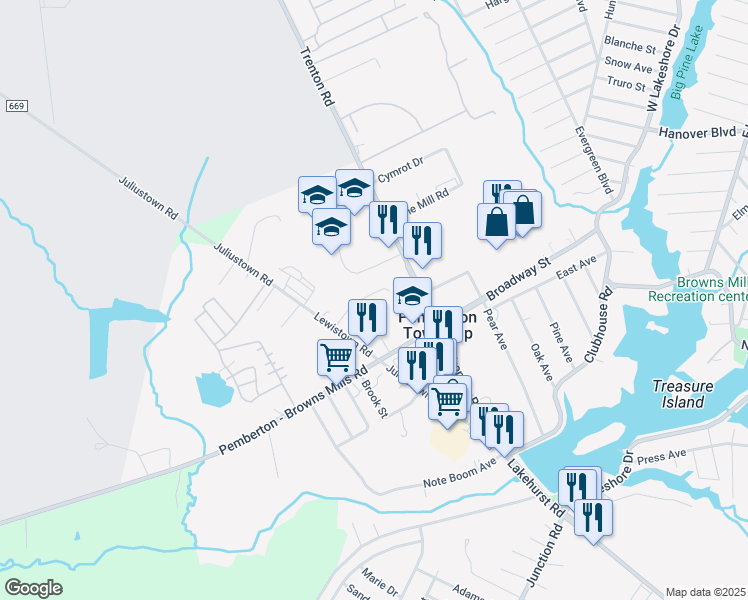 map of restaurants, bars, coffee shops, grocery stores, and more near 26 Crescent Drive in Burlington County