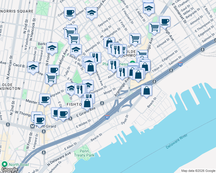 map of restaurants, bars, coffee shops, grocery stores, and more near 1237 East Fletcher Street in Philadelphia
