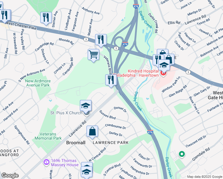 map of restaurants, bars, coffee shops, grocery stores, and more near 100 Lawrence Road in Broomall