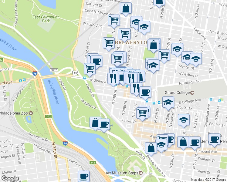 map of restaurants, bars, coffee shops, grocery stores, and more near 920 North 29th Street in Philadelphia