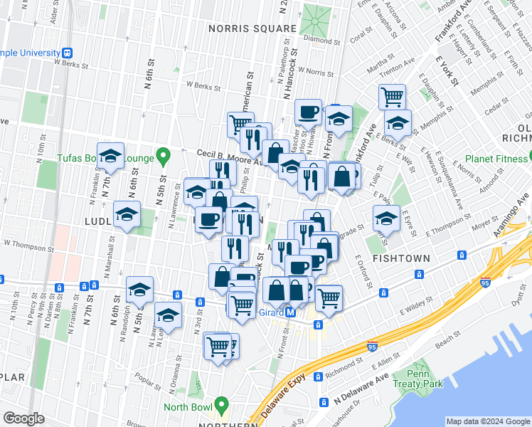 map of restaurants, bars, coffee shops, grocery stores, and more near 1508 North Hancock Street in Philadelphia