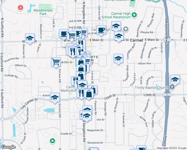 map of restaurants, bars, coffee shops, grocery stores, and more near 501 1st Avenue Southeast in Carmel
