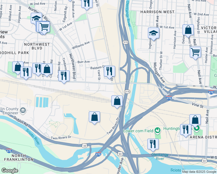 map of restaurants, bars, coffee shops, grocery stores, and more near 777 Goodale Boulevard in Grandview Heights