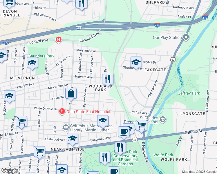 map of restaurants, bars, coffee shops, grocery stores, and more near 1731 Greenway Avenue in Columbus