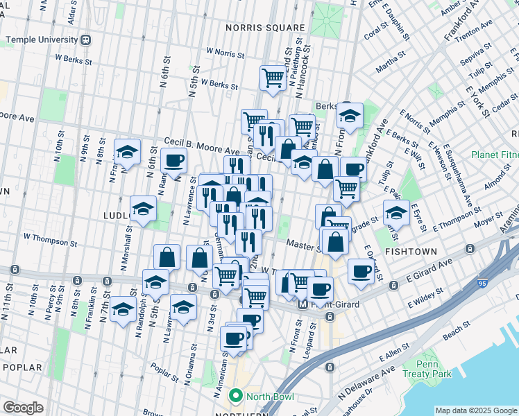 map of restaurants, bars, coffee shops, grocery stores, and more near 1500 North 2nd Street in Philadelphia