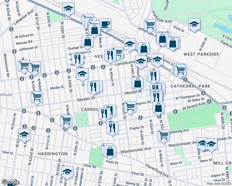 map of restaurants, bars, coffee shops, grocery stores, and more near 5538 Master Street in Philadelphia