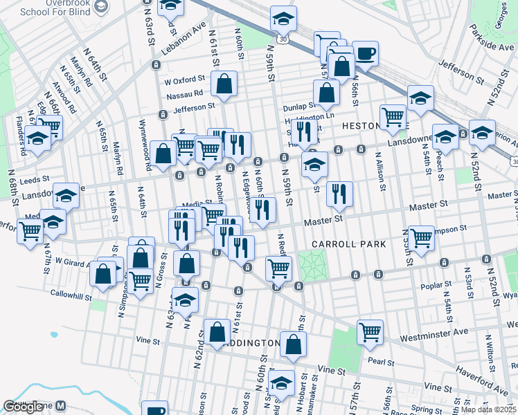 map of restaurants, bars, coffee shops, grocery stores, and more near 1446 North 60th Street in Philadelphia
