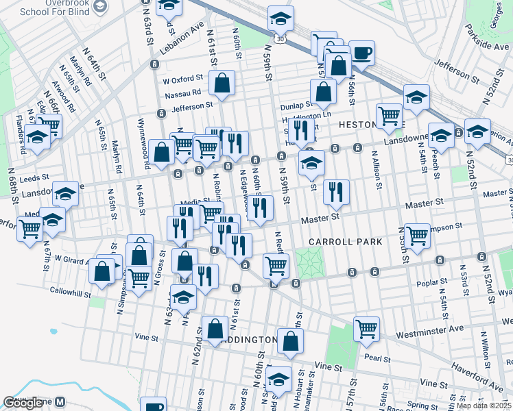 map of restaurants, bars, coffee shops, grocery stores, and more near 1446 North 60th Street in Philadelphia
