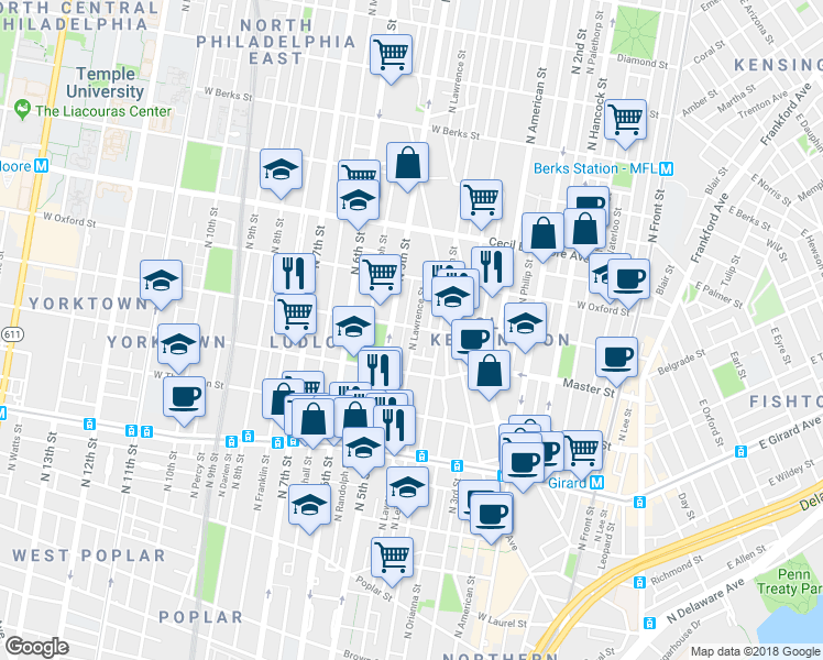 map of restaurants, bars, coffee shops, grocery stores, and more near 1454 North Lawrence Street in Philadelphia