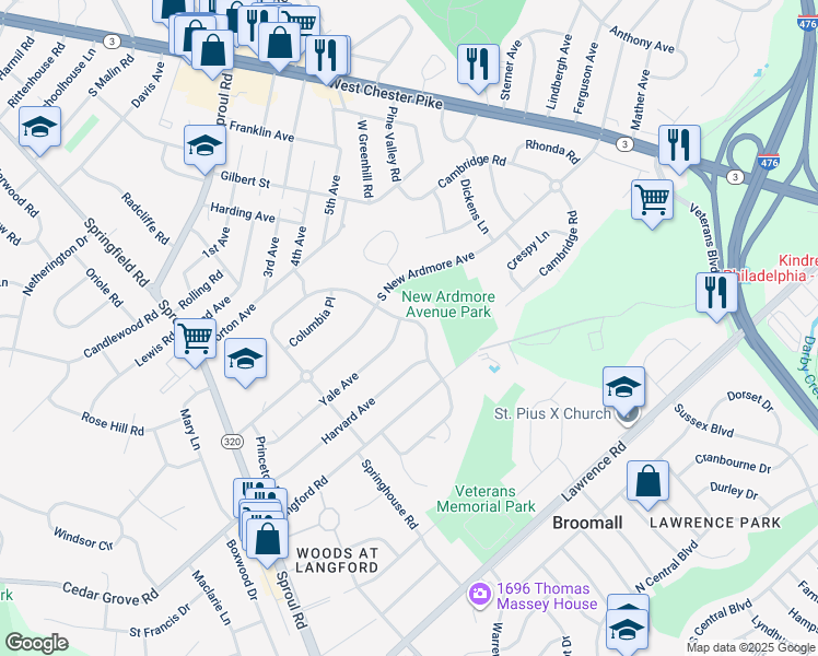 map of restaurants, bars, coffee shops, grocery stores, and more near 301 Yale Avenue in Broomall