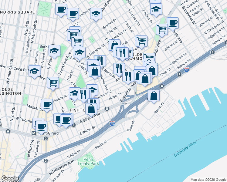 map of restaurants, bars, coffee shops, grocery stores, and more near 1237 East Fletcher Street in Philadelphia