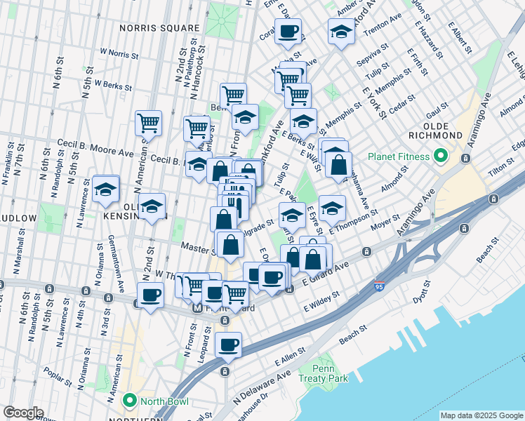 map of restaurants, bars, coffee shops, grocery stores, and more near 1409 East Columbia Avenue in Philadelphia