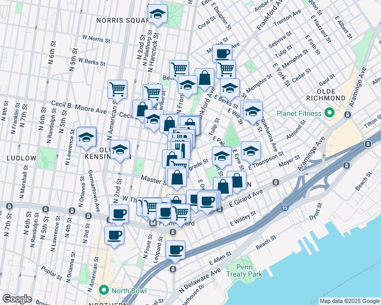 map of restaurants, bars, coffee shops, grocery stores, and more near in Philadelphia