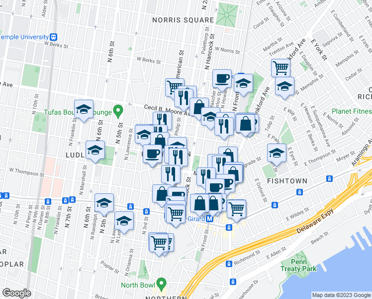 map of restaurants, bars, coffee shops, grocery stores, and more near 1501 Palethorp Street in Philadelphia