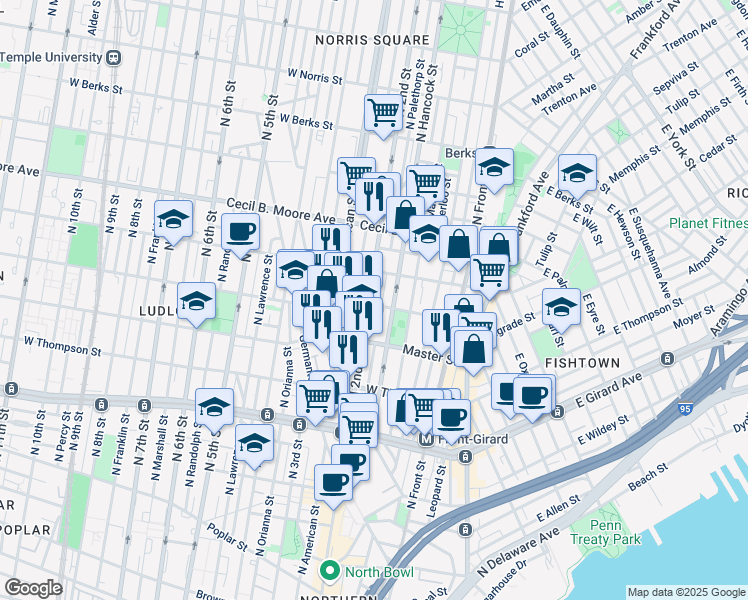 map of restaurants, bars, coffee shops, grocery stores, and more near 1501 Palethorp Street in Philadelphia