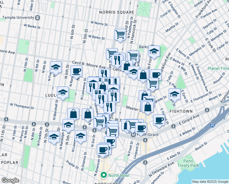 map of restaurants, bars, coffee shops, grocery stores, and more near 1510 North 2nd Street in Philadelphia