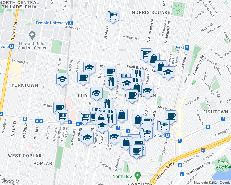 map of restaurants, bars, coffee shops, grocery stores, and more near 1435 North 5th Street in Philadelphia