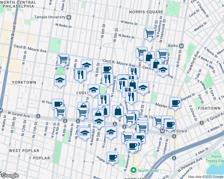 map of restaurants, bars, coffee shops, grocery stores, and more near 1454 North Lawrence Street in Philadelphia