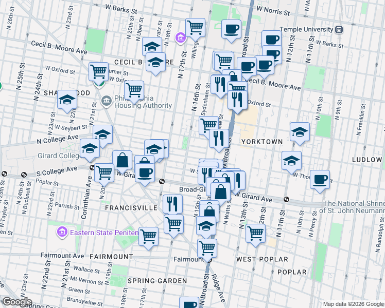 map of restaurants, bars, coffee shops, grocery stores, and more near 1538 West Thompson Street in Philadelphia