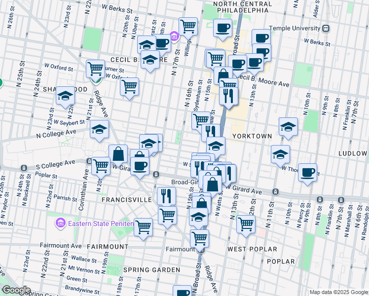 map of restaurants, bars, coffee shops, grocery stores, and more near 1538 West Thompson Street in Philadelphia