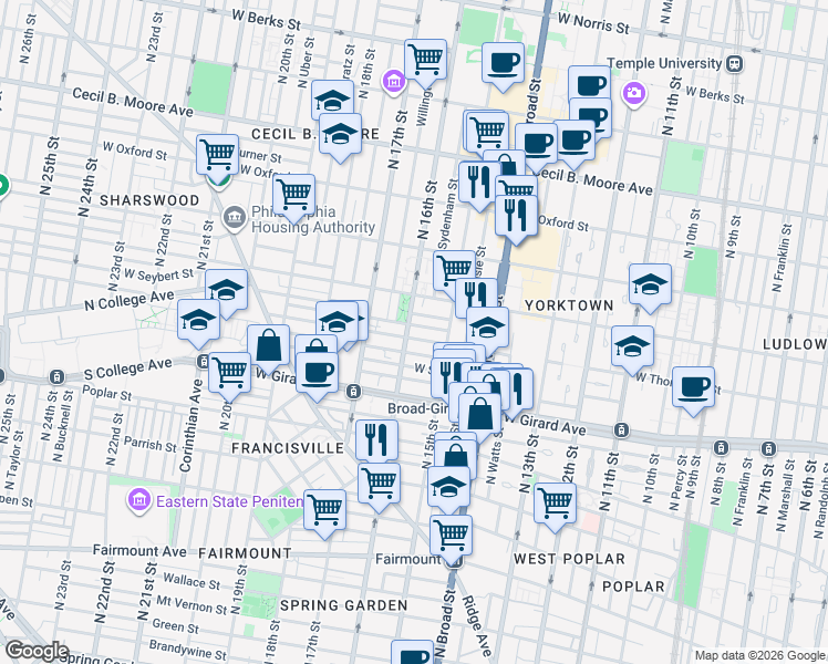 map of restaurants, bars, coffee shops, grocery stores, and more near 1538 West Thompson Street in Philadelphia