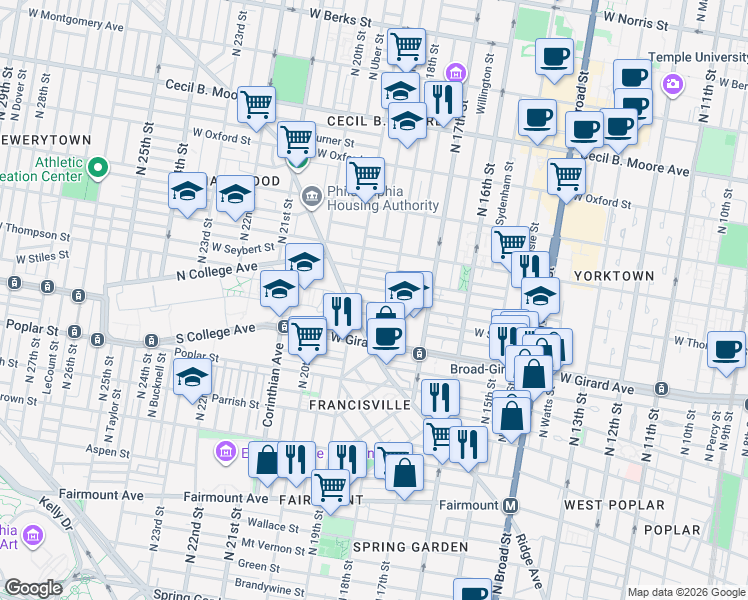 map of restaurants, bars, coffee shops, grocery stores, and more near 1829 West Stiles Street in Philadelphia