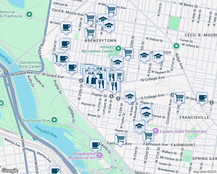 map of restaurants, bars, coffee shops, grocery stores, and more near in Philadelphia
