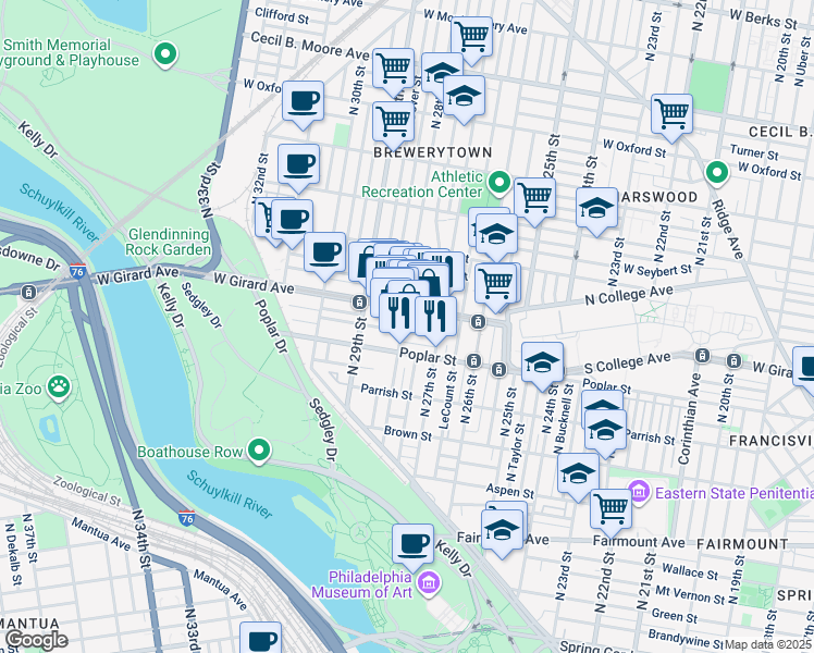 map of restaurants, bars, coffee shops, grocery stores, and more near 2728 Cambridge Street in Philadelphia