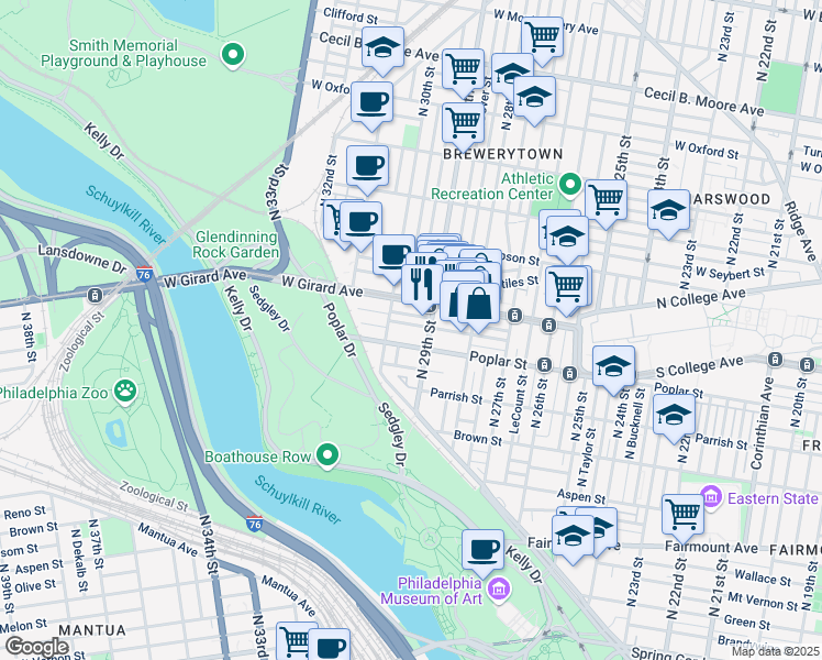 map of restaurants, bars, coffee shops, grocery stores, and more near in Philadelphia