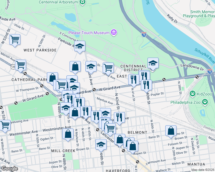 map of restaurants, bars, coffee shops, grocery stores, and more near 4232 West Girard Avenue in Philadelphia