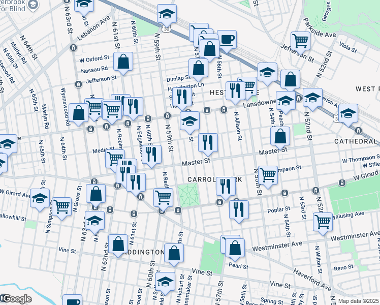 map of restaurants, bars, coffee shops, grocery stores, and more near 1414 North Wanamaker Street in Philadelphia