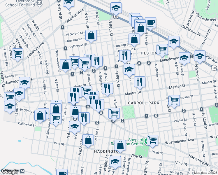 map of restaurants, bars, coffee shops, grocery stores, and more near 1432 North 60th Street in Philadelphia