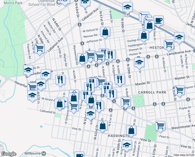 map of restaurants, bars, coffee shops, grocery stores, and more near 1443 North 62nd Street in Philadelphia