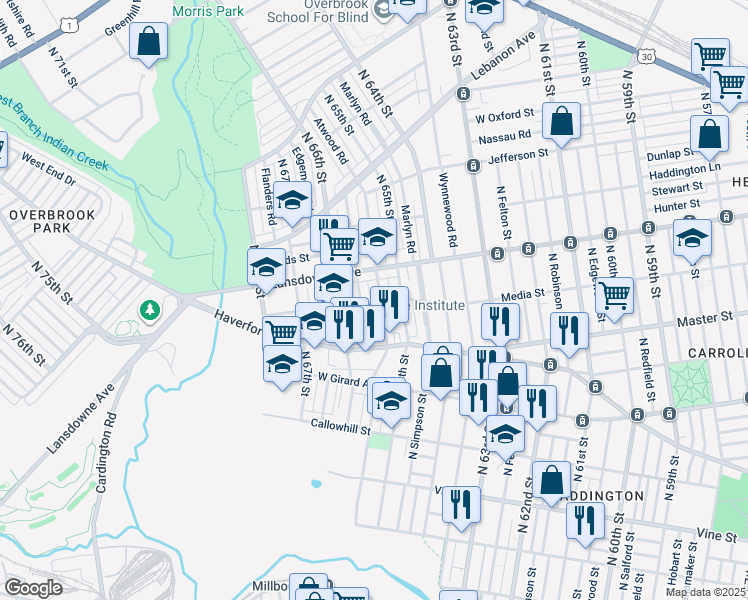map of restaurants, bars, coffee shops, grocery stores, and more near 655 Kenmore Road in Philadelphia