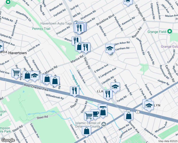 map of restaurants, bars, coffee shops, grocery stores, and more near in Delaware County