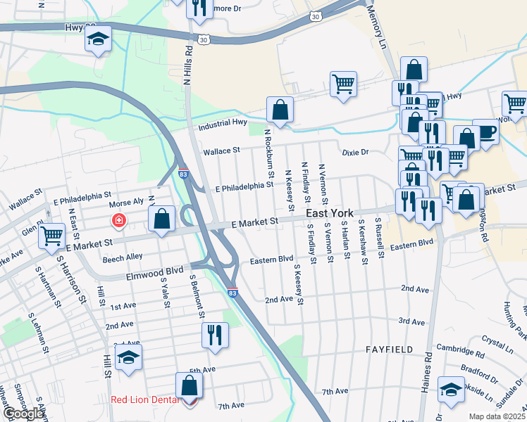map of restaurants, bars, coffee shops, grocery stores, and more near 1901 Pennsylvania 462 in East York