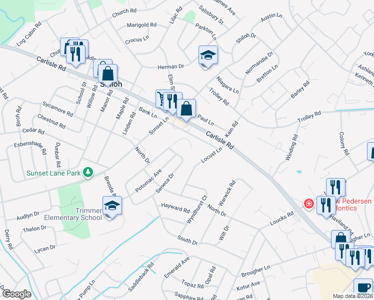 map of restaurants, bars, coffee shops, grocery stores, and more near 2290 Seneca Drive in Shiloh
