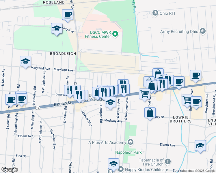 map of restaurants, bars, coffee shops, grocery stores, and more near 40 North Waverly Street in Columbus
