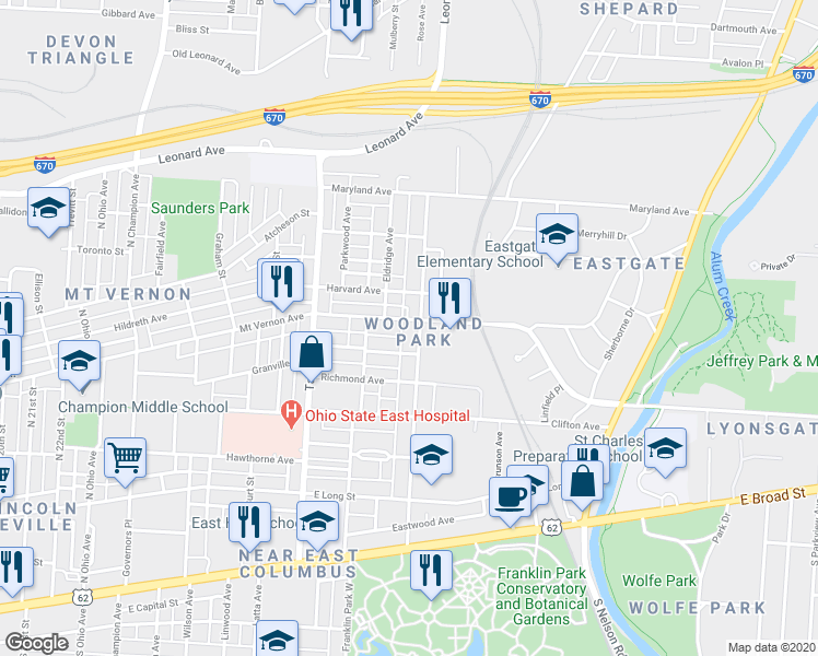 map of restaurants, bars, coffee shops, grocery stores, and more near in Columbus