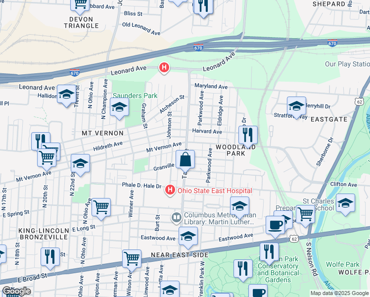 map of restaurants, bars, coffee shops, grocery stores, and more near 3241 Johnson Street in Columbus