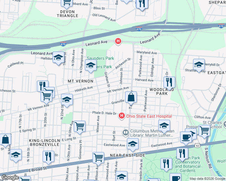 map of restaurants, bars, coffee shops, grocery stores, and more near 1447 Mount Vernon Avenue in Columbus